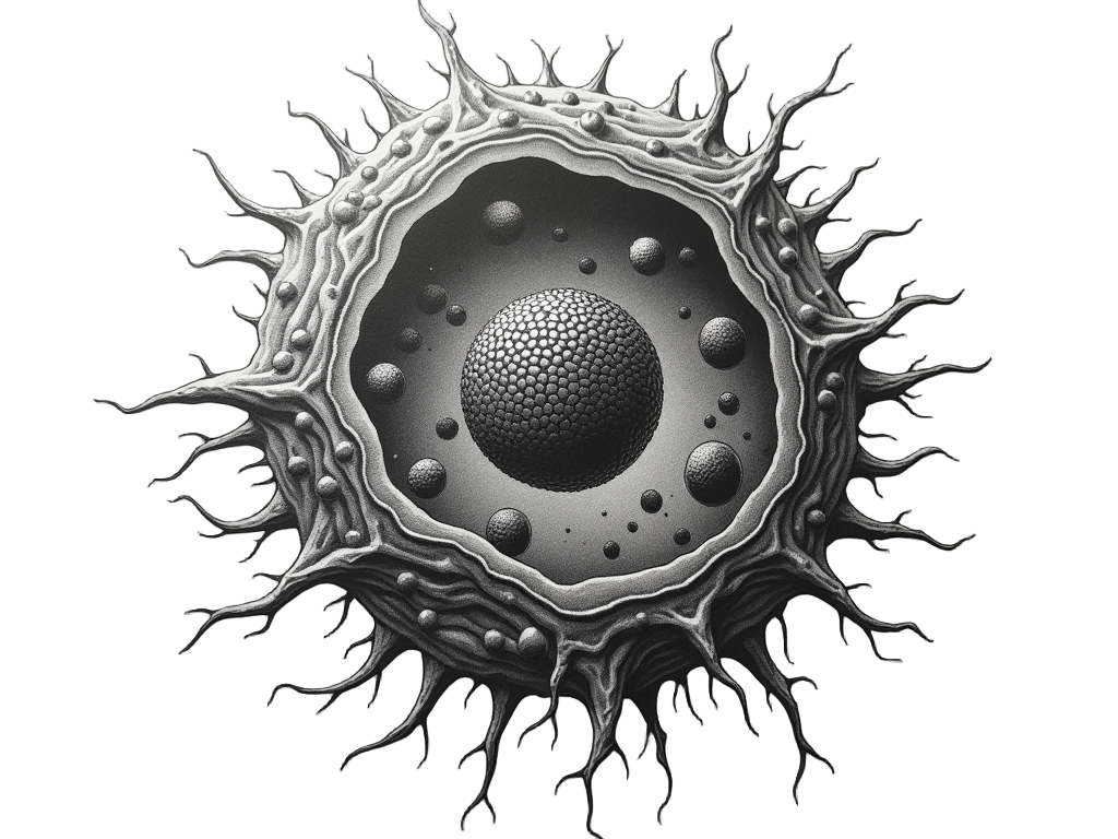 A macro view of a cellular structure, perhaps dividing or multiplying, where the internal components (nucleus, cytoplasm) are textured or patterned with binary code, indicating that the very building blocks of this organism are digital.