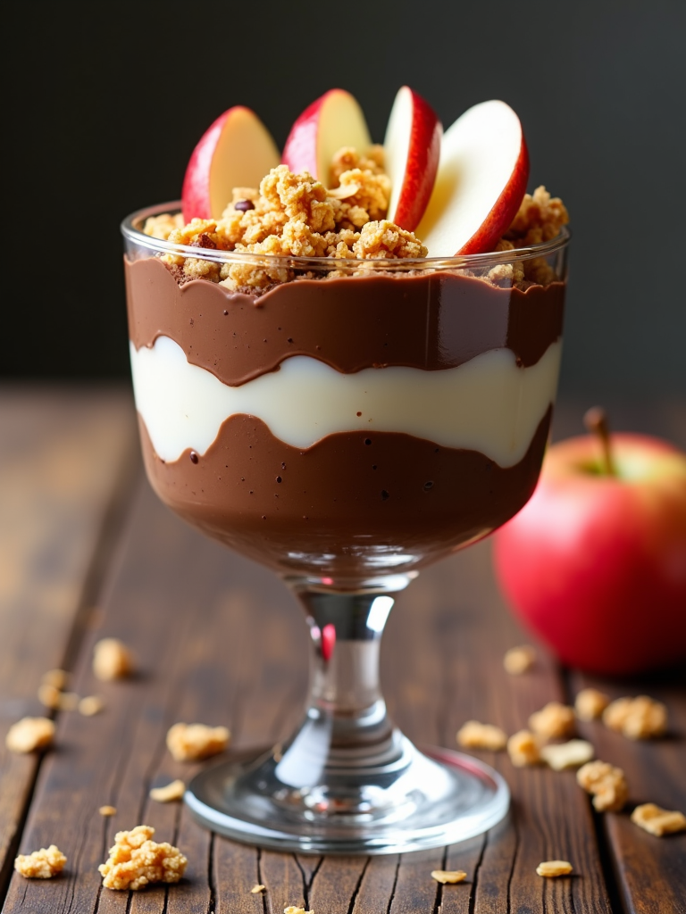 A layered parfait of apple slices, Nutella, and granola in a clear glass.