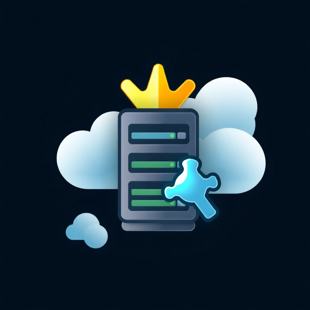 The image is an illustration of a server with a golden crown on top of it. The server is in the center of the image, with two white clouds surrounding it. On the right side of the server, there is a blue star-shaped icon. The background is black, making the server and the star stand out. The overall design is simple and cartoon-like.