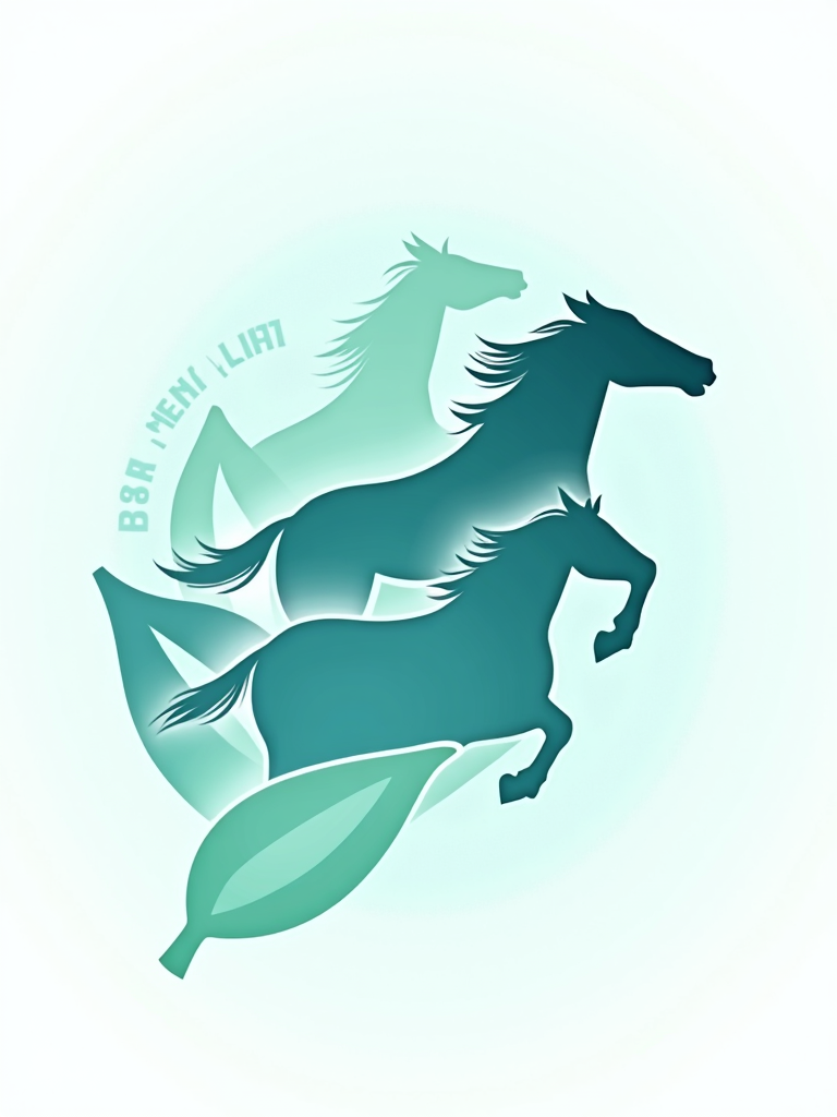 T-Shirt Design: 'Abstract Mint & Motion'. A modern design using abstract shapes for galloping horses, intertwined with stylized mint leaves and cool blues/greens of a Mint Julep. Minimalist text 'Derby 2025' integrated asymmetrically.