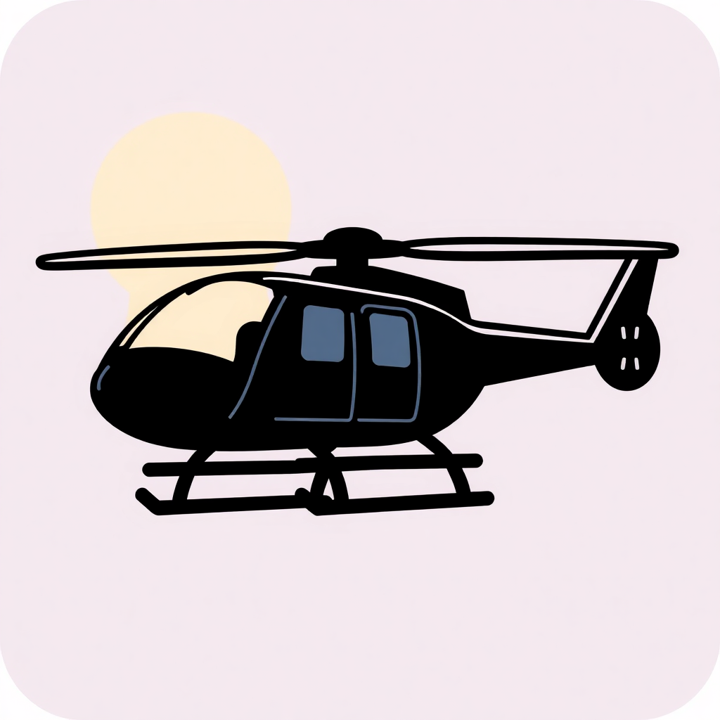 The image is a black silhouette of a helicopter on a light pink background. The helicopter is in the center of the image and is facing towards the right side of the frame. It has a pointed nose and two large propellers on either side. The body of the helicopter is outlined in black and has two windows on the front. The windows are slightly open, and the helicopter appears to be in motion. The background is a gradient of light pink and yellow, with the sun partially visible in the top left corner.