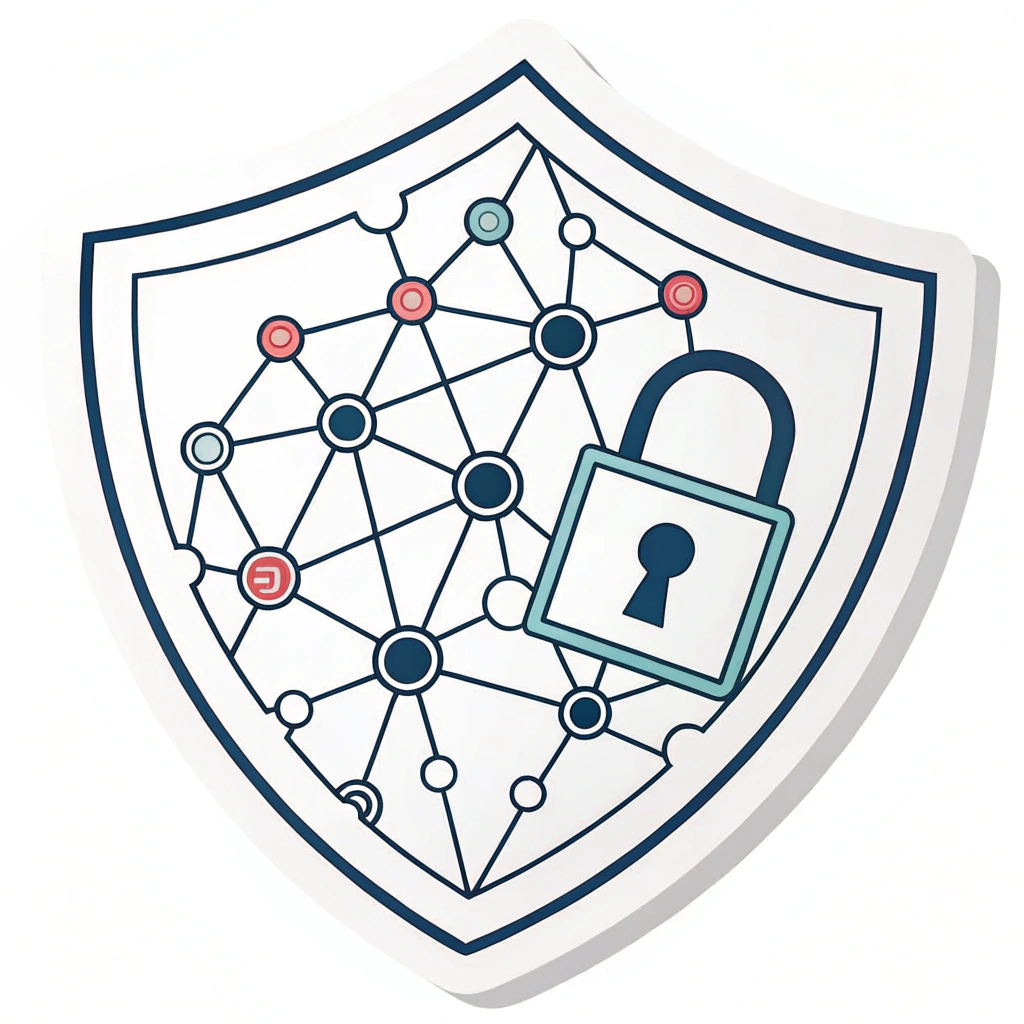 Sub-design 2: A network graph (nodes and edges) contained within the outline of a shield or a stylized lock. The nodes could be different sizes representing hierarchy, and connections could have varying thicknesses or patterns.