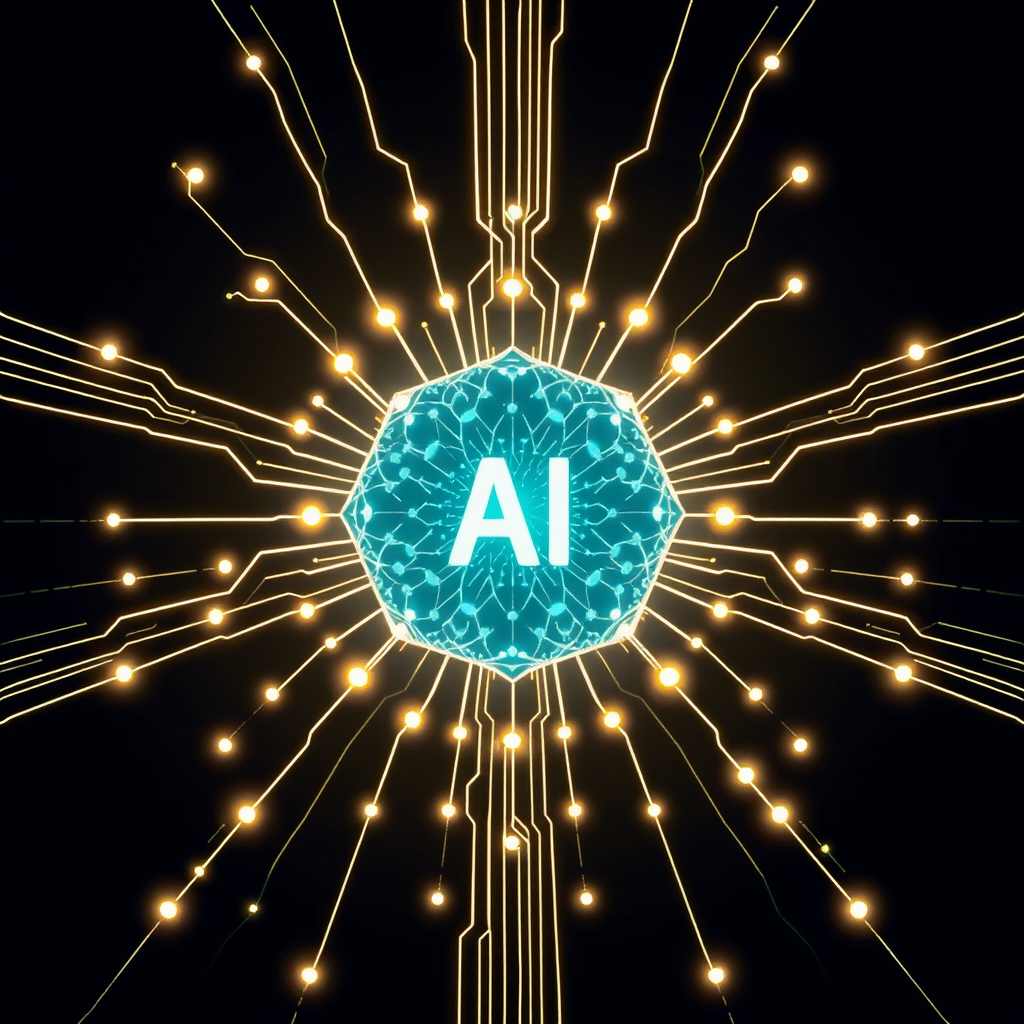 Luminous AI Core, Radiating Structure: A central, brilliantly glowing AI representation (stylized neural net or data cluster) emits structural architectural lines and forms, positioning AI as the energetic core of built environments.