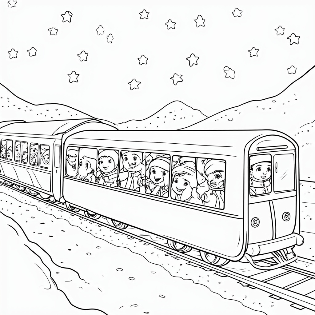 The image shows a sketch of a train on a railway track with a few people inside, surrounded by hills and stars in the sky. At the bottom of the image, there is text that reads 