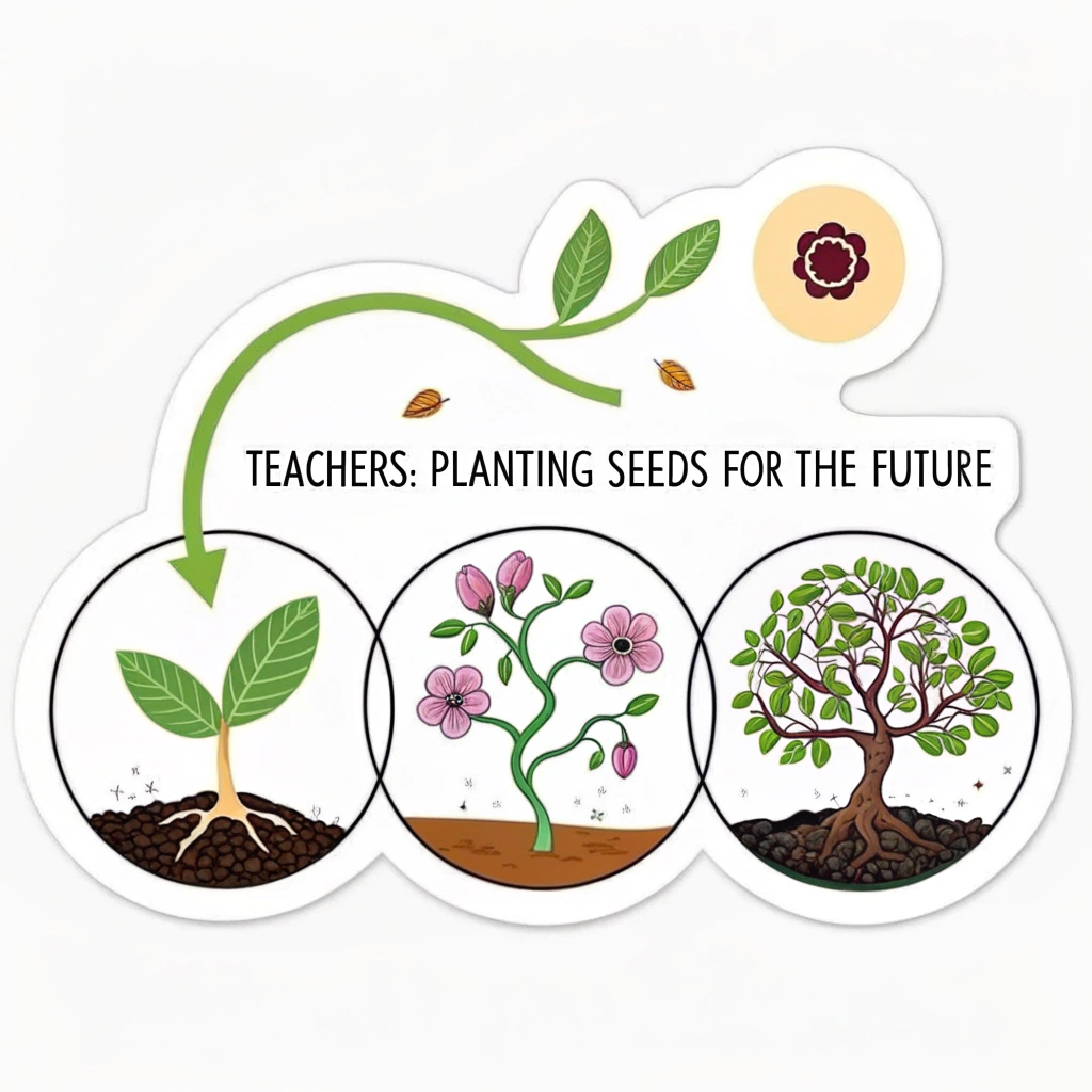 A design showing a series of connected circles or 'pods', each representing a stage of growth. The first pod contains a seed, the next a sprout, then a small plant, and finally a flourishing flower or tree. The slogan 'Teachers: Planting Seeds for the Future' flows along this visual progression.