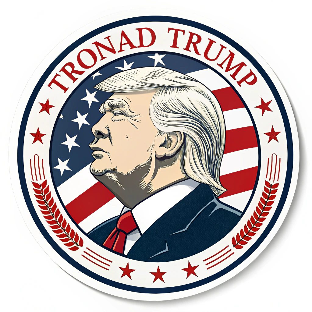 A circular sticker featuring a stylized version of Donald Trump's face, with a bold, confident expression, encased within a presidential-style seal border.