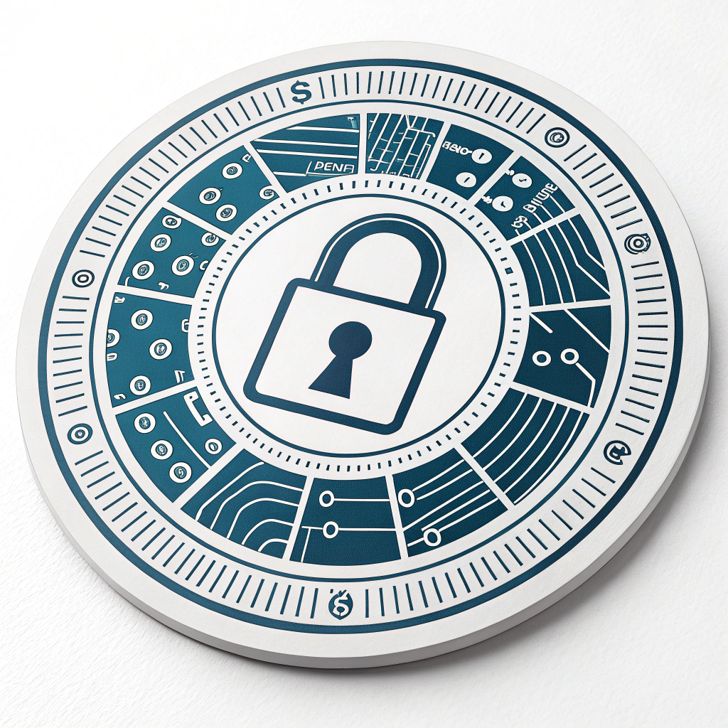 A circular design resembling a high-tech safe dial or iris scanner, with segments of binary code or circuit patterns around the edge, and a minimalist lock icon or keyhole symbol in the center.