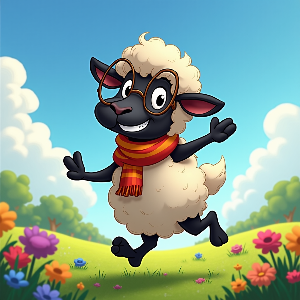 The image shows a cartoon sheep wearing glasses and a scarf running through a field of flowers, grass, and trees with a sky full of clouds in the background.