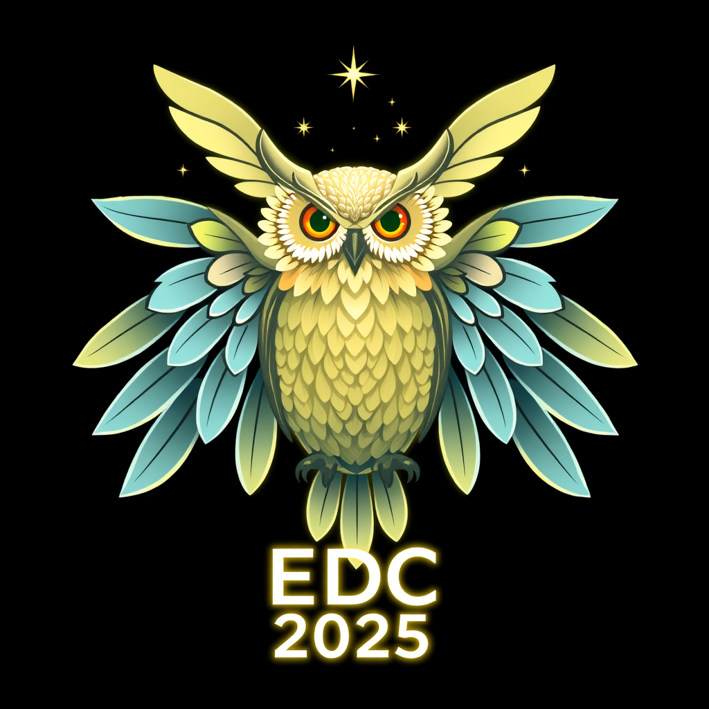 Daisy-Winged Guardian: A majestic owl with wings intricately designed to resemble daisy petals, fanned out protectively. Starlight glints off the petal-feathers and its watchful eyes. 'EDC 2025' is positioned beneath in a modern, glowing font.