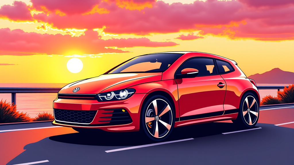 The image is a digital illustration of a red Volkswagen Golf GTI car parked on the side of a road at sunset. The car is facing towards the right side of the image and is positioned in a way that it appears to be in motion. The sky is filled with orange and pink hues, with the sun setting in the background. The road is lined with palm trees and shrubs on both sides, and there is a body of water in the distance. The horizon line is visible in the top right corner, and the sun is partially obscured by the clouds. The overall mood of the illustration is peaceful and serene.