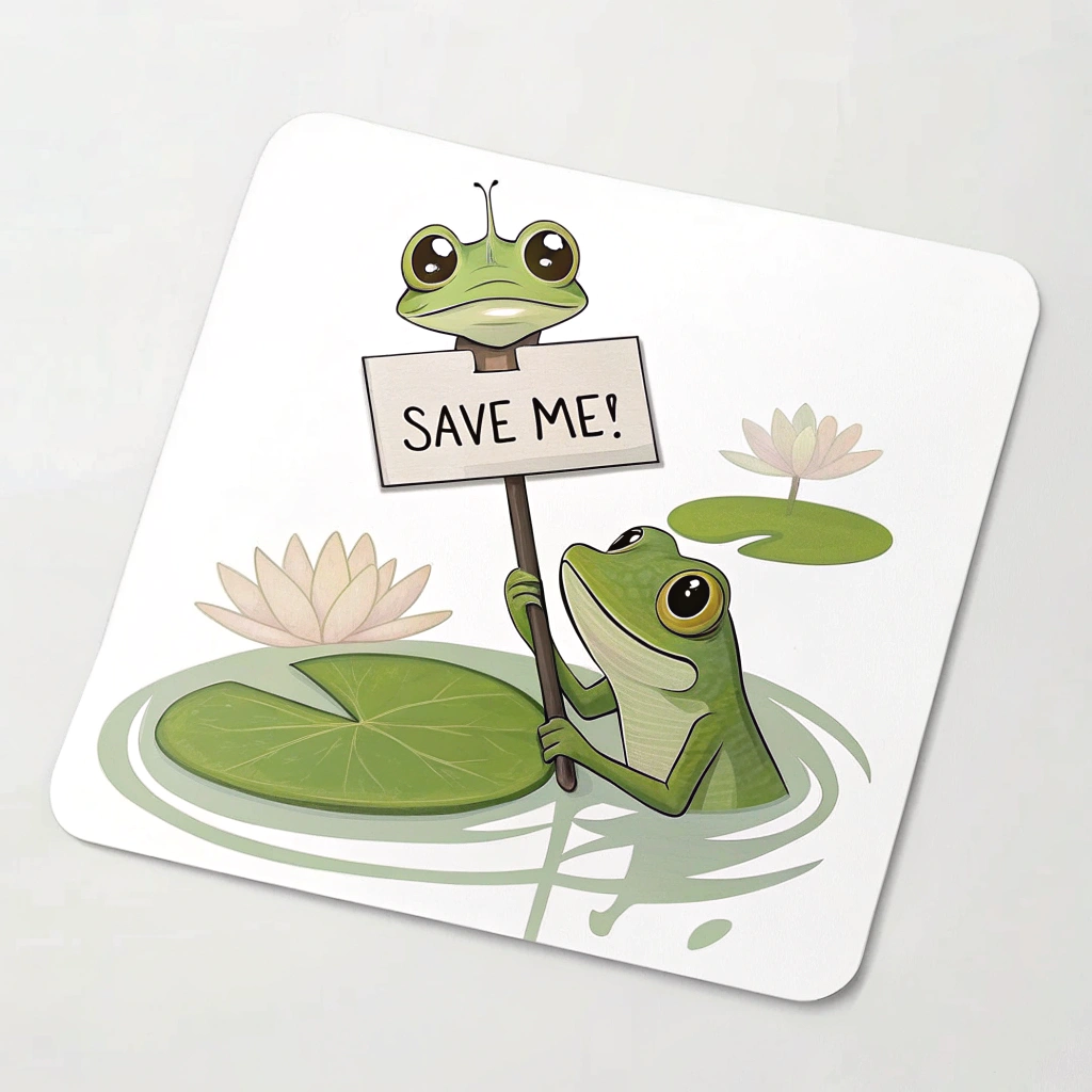 A simple, minimalist illustration of a frog's head peeking over a lily pad, holding up the 'Save Me!' sign with one webbed hand.