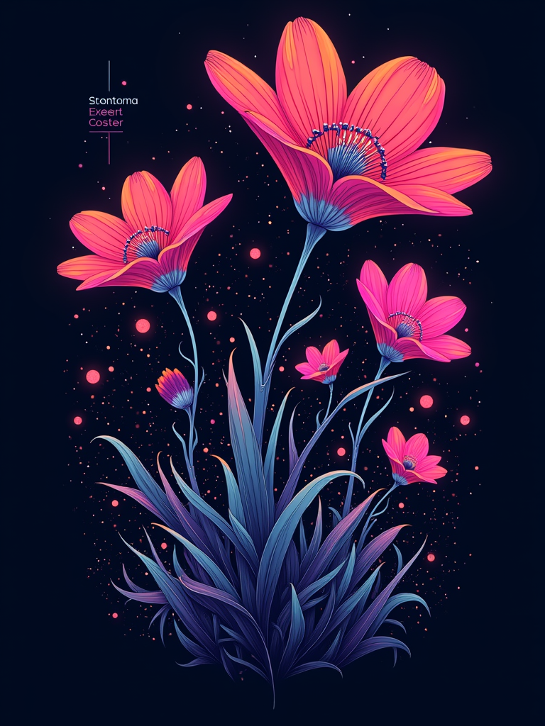 Sub-Design Idea 1: Bioluminescent Flora Silhouettes - A dark t-shirt showcasing silhouettes of fantastical, oversized flowers and plants in vibrant, pulsing neon colors. Subtle geometric or circuit-like patterns could be integrated within the flora, hinting at the electronic music theme.