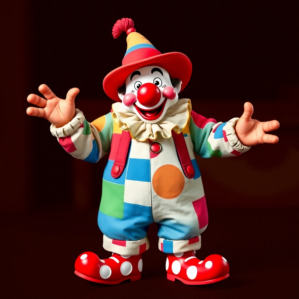 A whimsical rodeo clown character with oversized, patchwork clothing, bright red nose, and floppy shoes, designed for a younger audience with exaggerated expressions and playful demeanor.