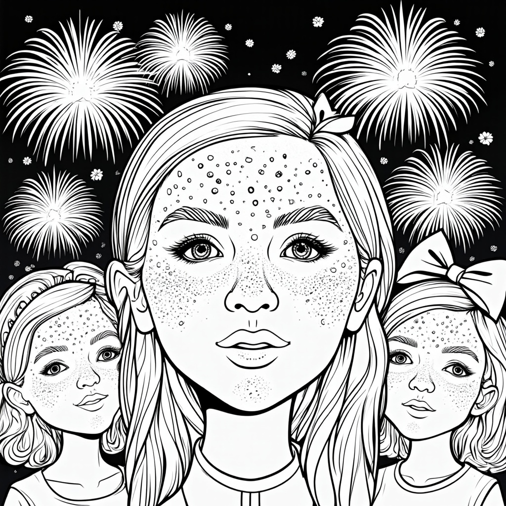 A 'close-up magic' page focusing on specific enchanting elements like dazzling fireworks exploding above the parade, patterns created by laser light shows, or children's faces lit up with wonder as they watch the spectacle unfold, with reflections of the parade lights in their eyes.