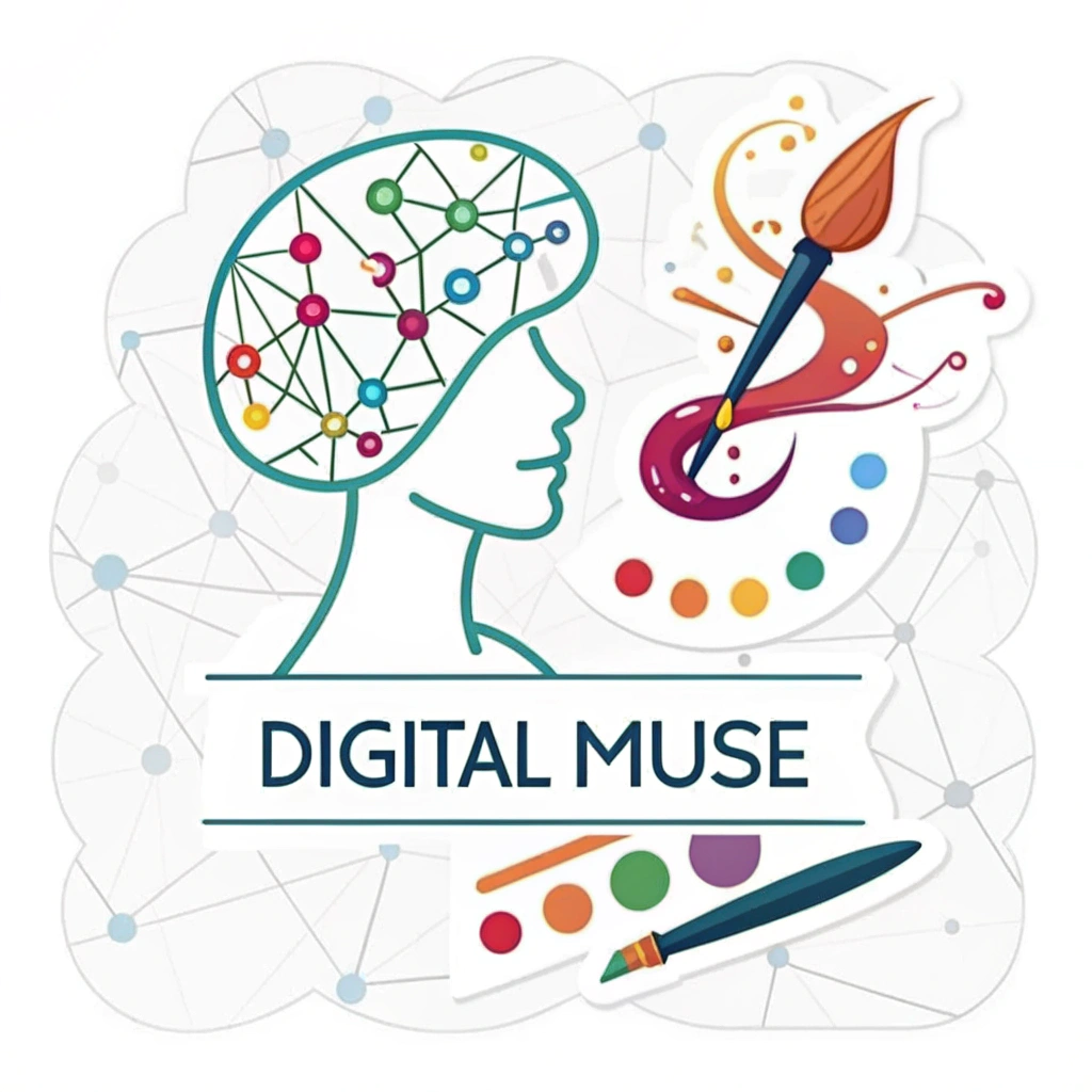 Digital Muse: A minimalist icon combining a simplified neural network pattern or abstract circuitry with a classic artist's tool, like a paintbrush or stylus, creating a colorful stroke on a digital canvas representation.