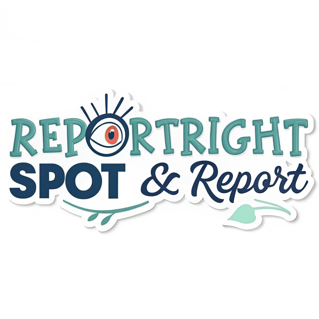 Simple Logo Idea (for the sticker series): The text 'ReportRight' or 'Spot & Report' in a clear, friendly font, with a small, stylized eye icon integrated into one of the letters (e.g., the 'o' in Report).