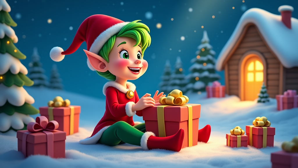  a cartoon Christmas elf sitting on the snow in front of a small cabin. The elf is wearing a red Santa hat and a red coat with green hair. He is holding a large red gift box with a gold bow on top. There are several other gift boxes scattered around the elf, some of which are wrapped in red and gold ribbons. The cabin is covered in snow and there are Christmas trees in the background. The sky is blue with white snowflakes falling. The overall mood of the image is festive and cheerful.