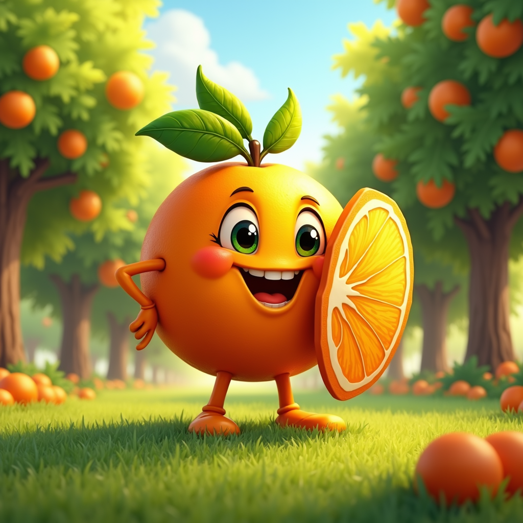 The image is a 3D illustration of a cartoon orange character standing in an orange grove. The character has a big smile on its face and is holding a slice of orange in its right hand. It has two green leaves on its head and two arms and legs. The background shows rows of orange trees with more oranges hanging from their branches. The ground is covered in green grass and there are a few more oranges scattered around. The sky is blue and the overall mood of the image is cheerful and happy.