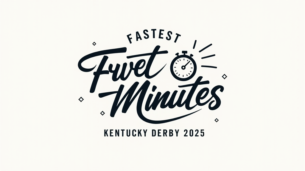 Simple Logo Idea: The words 'Fastest Two Minutes' arranged in a sweeping, dynamic curve to imply motion, anchored by a small, stylized chronometer symbol replacing the 'o' in 'Two' or 'Minutes', with 'Kentucky Derby 2025' cleanly typeset below.