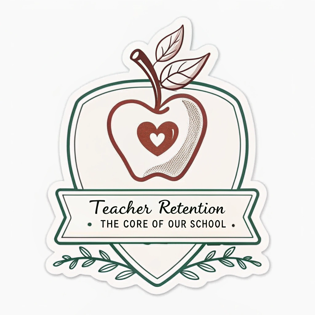 Apple-Heart Emblem Sticker: A design resembling a school emblem or mini-logo, featuring a stylized apple with a subtle heart shape integrated (e.g., as the leaf or a highlight). Text: 'Teacher Retention: The Core of Our School'. This sticker has a classic, badge-like quality.