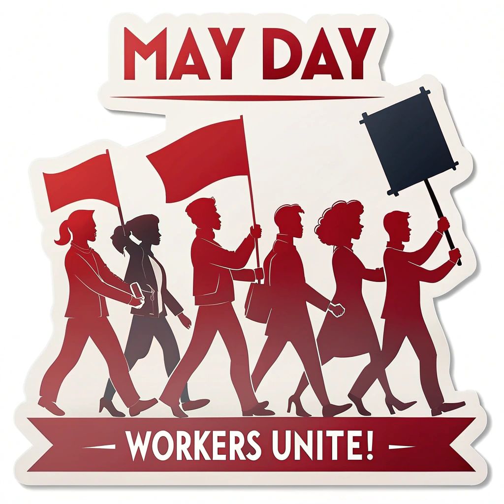 A group of diverse worker silhouettes marching together, possibly carrying blank protest signs or a banner. The phrase 'May Day: Workers Unite!' prominently displayed, perhaps on the banner or as an overarching title. Colors: Use of strong, solidarity-evoking colors like red, with contrasting shades for silhouettes.
