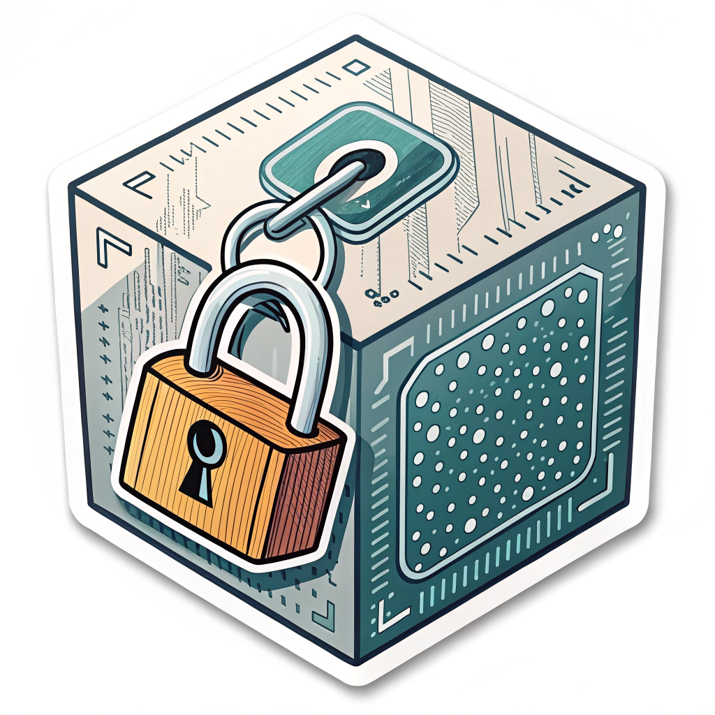 A data cube or abstract geometric shape representing a data block, with a prominent, secure lock clasping it shut. The cube could have a digital texture or pattern.