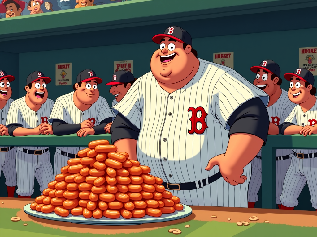 Dugout Diner Delight: Humorous illustration of Babe Ruth in the dugout, not with a bat, but facing a comically massive pile of hot dogs on a platter, his uniform straining at the seams as teammates look on amazed.