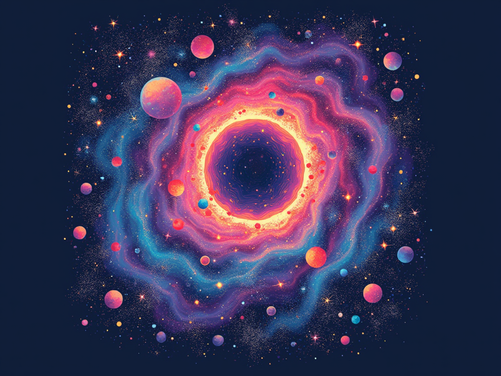 Galaxy of Being: A stylized illustration of a galaxy or nebula with diverse celestial bodies and a rich color palette. Subtle, artistically integrated gender symbols (e.g., non-binary, trans, genderfluid) as star formations or planetary details. Text idea: 'Beyond Binary, Infinite Expressions'.