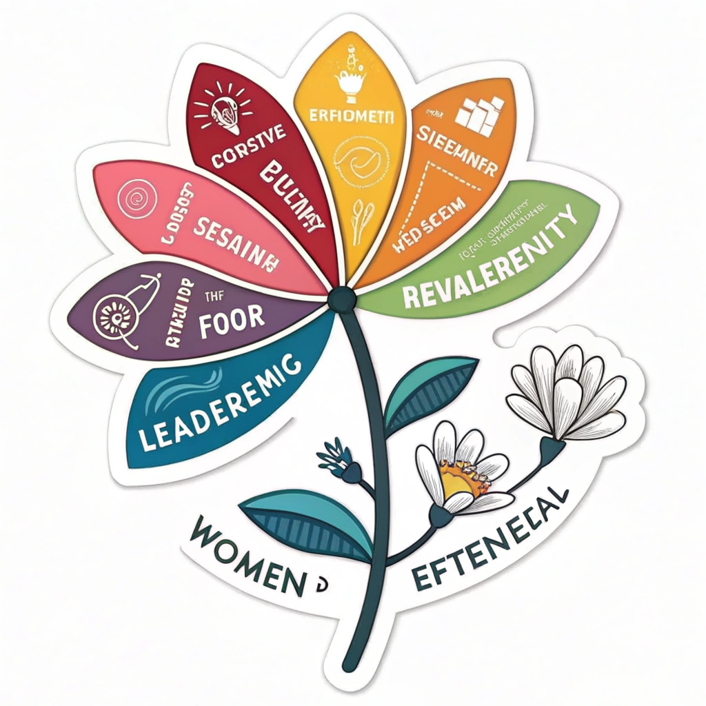 Design a logo showcasing a blooming flower with each petal representing a different aspect of women-owned businesses: innovation, leadership, creativity, resilience, and community. Use vibrant, optimistic colors.