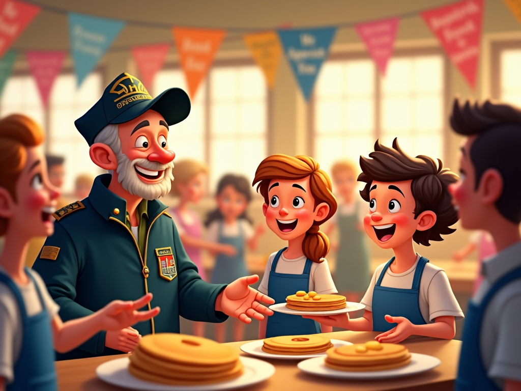 An animated image of a community center bustling with gratitude where veterans are being treated to a breakfast by children. The veteran, clad in a decorated jacket, shares laughs with young attendees serving pancakes. Banners overhead say 'We Appreciate You' in bold, colorful letters.