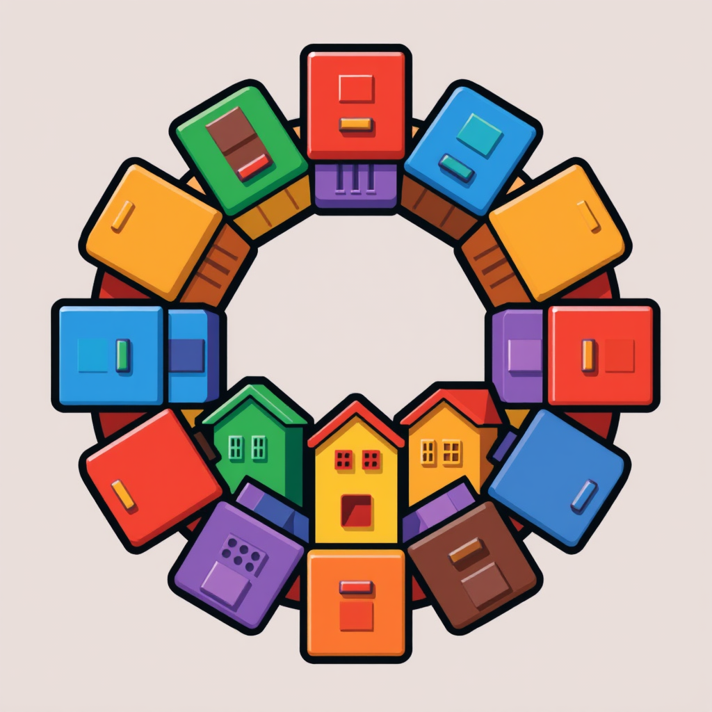 Diverse, colorful building blocks fitting together seamlessly to form a protective, encompassing shape (like a communal roof or an abstract circle), representing community, inclusivity, and shared foundations in housing.