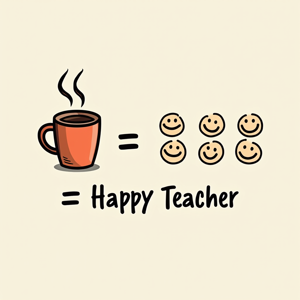 Playful Equation/Formula: A design like '☕ + 😊😊😊 = Happy Teacher' or 'Teacher Fuel = Coffee + Student Smiles.' Use a coffee cup icon and smiley face icons, with clear, friendly typography for the text.