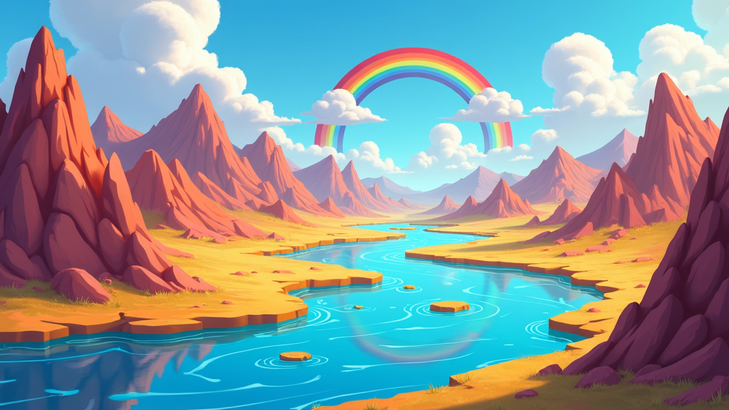 A whimsical landscape with a winding river reflecting a rainbow, surrounded by cartoon mountains and smiling clouds. The color palette emphasizes bright, happy tones.