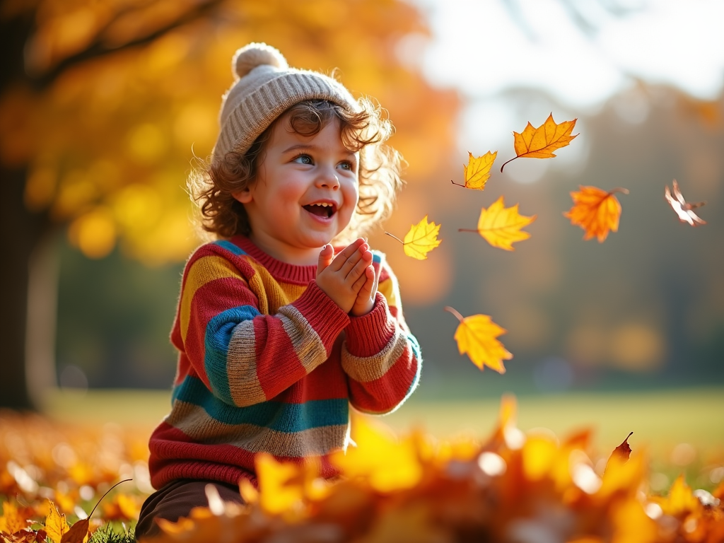 A child in a knitted sweater blows into a pile of leaves, sending them dancing through the crisp morning air.