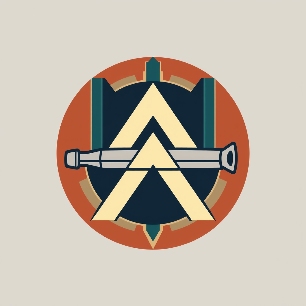 Sub-design Idea 4: A crest design that heavily features the 'A' from the Art Deco 'A' crest (used on kits in the 1930s) intertwined with a sleek, minimalist cannon. The overall shape would be geometric, drawing inspiration from Art Deco motifs and using a limited, heritage color palette.