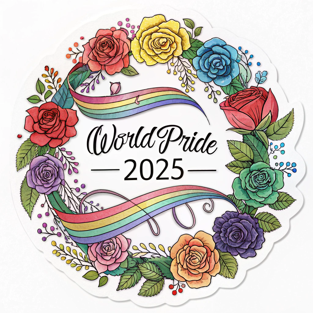 WorldPride 2025 Sticker - Rainbow Rose Wreath: A circular sticker featuring a beautifully illustrated wreath made of intertwined roses and leaves, where the roses cycle through all colors of the rainbow. 'WorldPride 2025' could be elegantly scripted in the center or on a ribbon graphic across the wreath.
