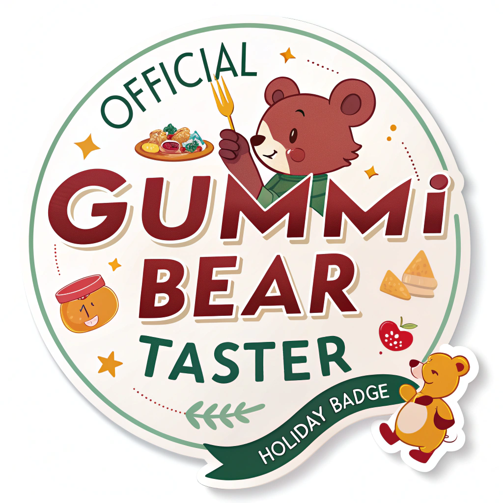 Translated text: National Gummi Bear Day Stickers - Official Gummi Bear Taster - Holiday Badge Sticker