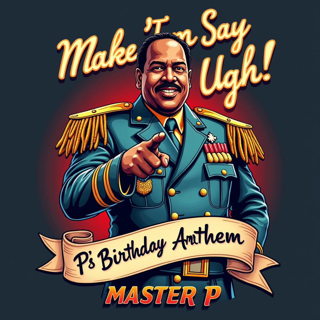 Sub Design Idea 5: A regal design playing on Master P's 'Colonel of the Tank' persona. Master P depicted in a stylized 'colonel' uniform with subtle birthday motifs (e.g., confetti epaulets). 'Make 'Em Say Ugh!' presented as a royal decree, with 'P's Birthday Anthem' as a tagline.