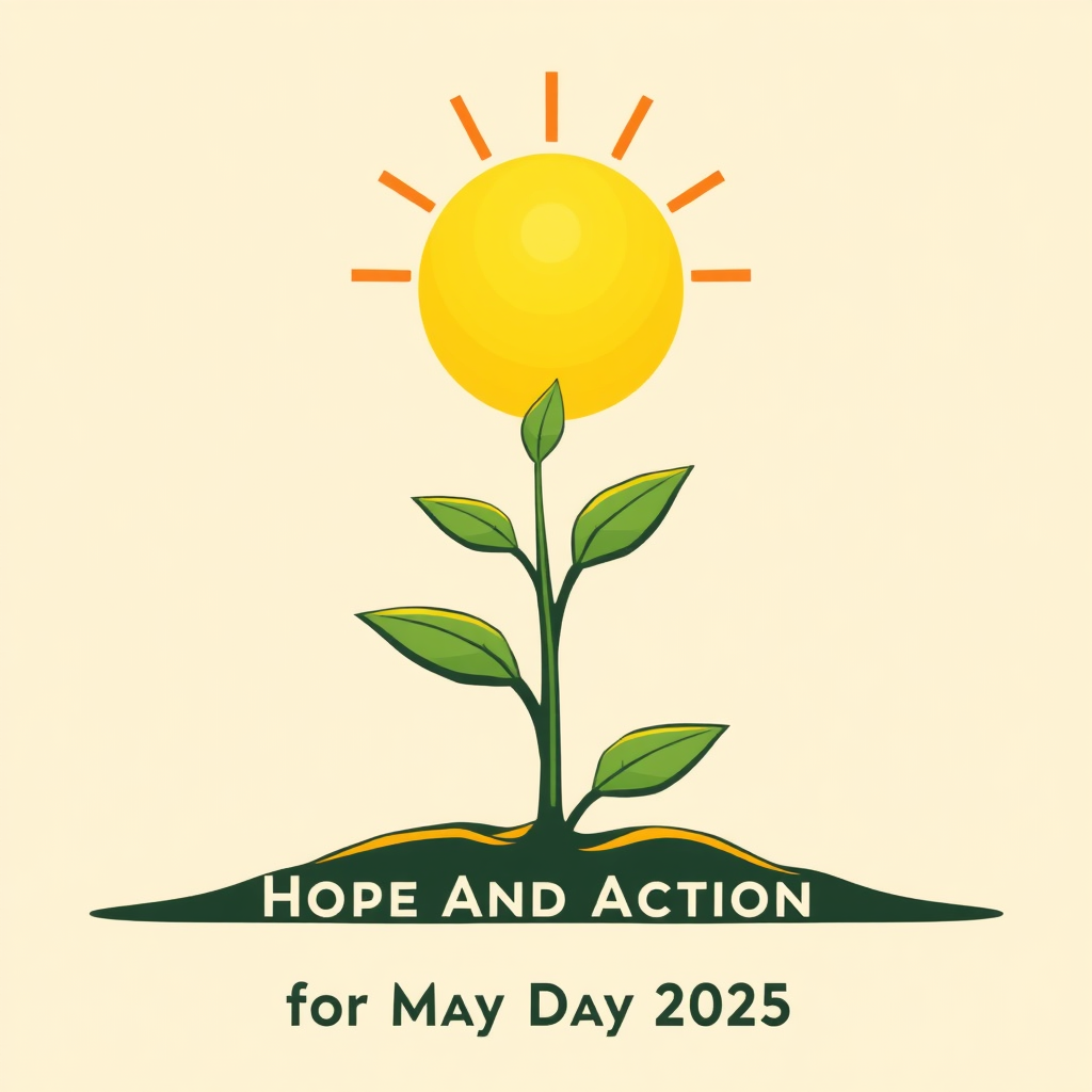 Sub Design 5 (Sprout of Labor's Hope): A seedling or young plant, representing new beginnings and growth nurtured by labor, stretches towards a hopeful rising sun. The plant's leaves or structure subtly incorporate tool or gear shapes. Theme: 'Hope and Action for May Day 2025'.
