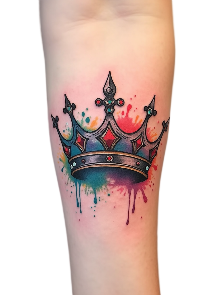 A creative watercolor crown tattoo on the forearm, splashing vibrant colors within the outline of the crown for an artistic expression.