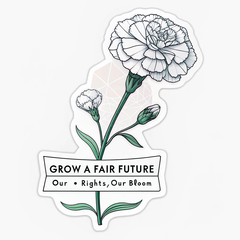 Design Idea 3: A modern and minimalist sticker featuring a stylized, perhaps geometric, carnation bloom with clean lines and an impactful, concise slogan. Text example: 'Grow a Fair Future' or 'Our Rights, Our Bloom'.