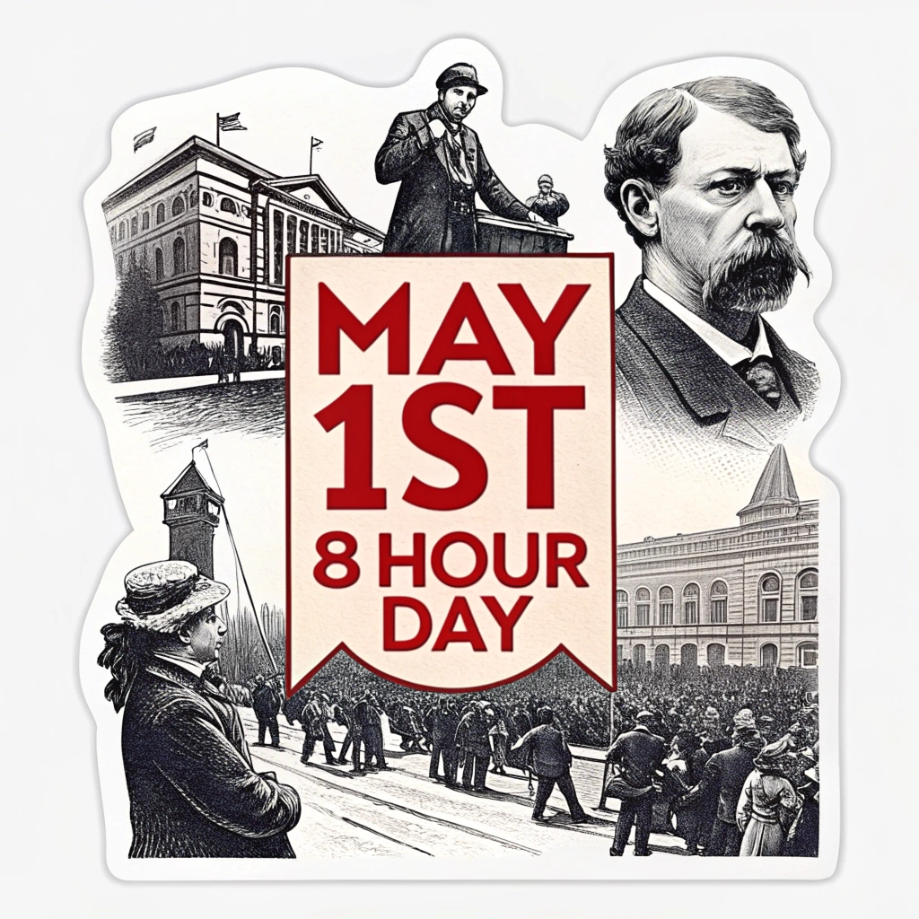 Sub Design Idea 1: Sticker featuring high-contrast black and white imagery from the Haymarket affair (1886) with a bold red 'May 1st' or '8 Hour Day' overlay text using a historical sans-serif font.