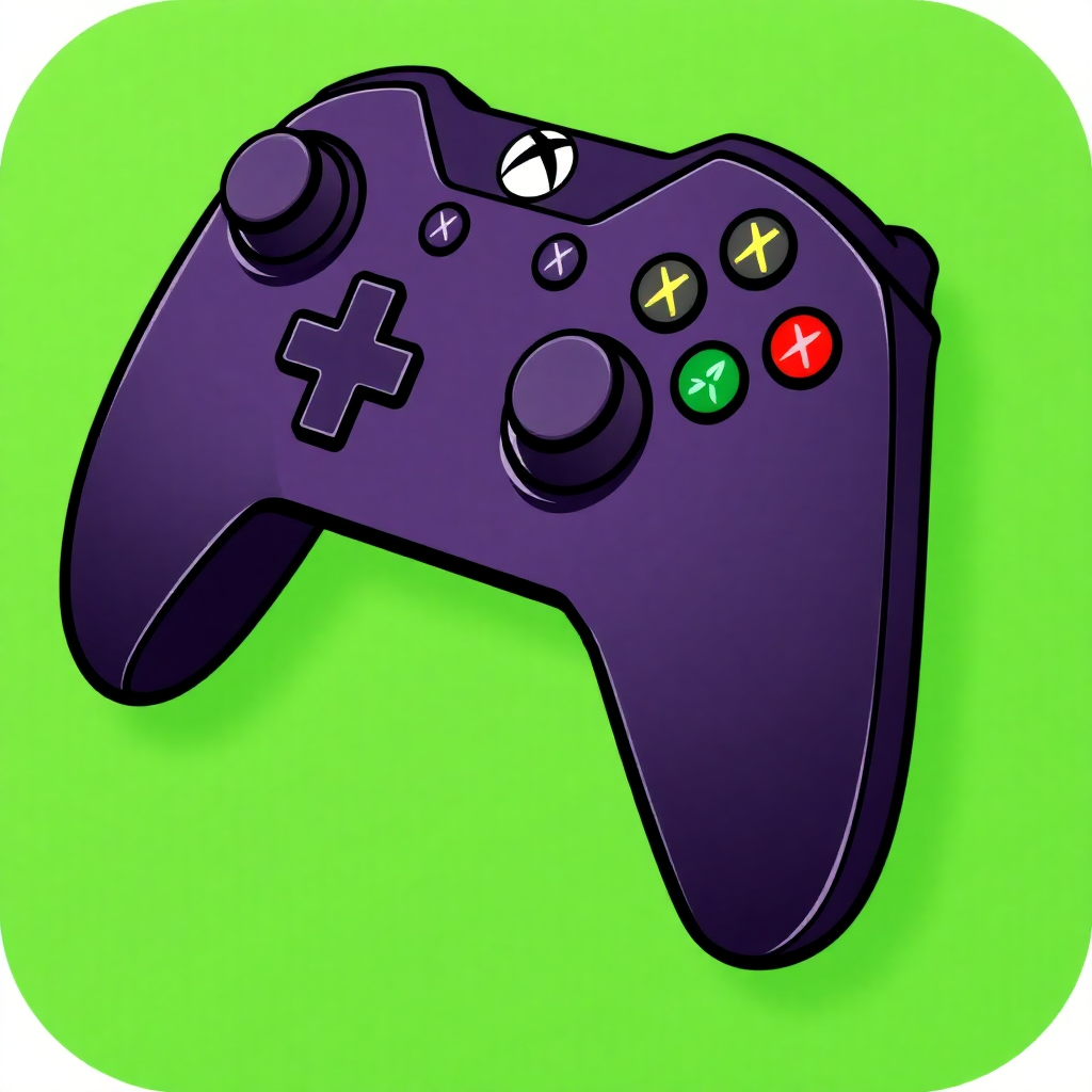 The image is a digital illustration of a gaming controller. The controller is purple in color and has a green background. It has a round base with four buttons on the top, two on the left side, and three on the right side. The buttons are arranged in a grid-like pattern, with a plus sign in the center. There are also three red, yellow, and green buttons on each button. The overall design of the controller is simple and minimalistic.