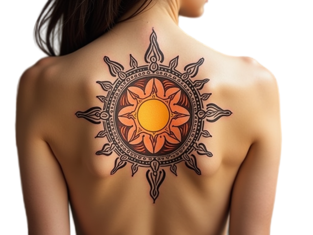 A gentle tribal sun tattoo on the shoulder, its circular lines capturing the eternal dance of light and life, radiating warmth and energy.