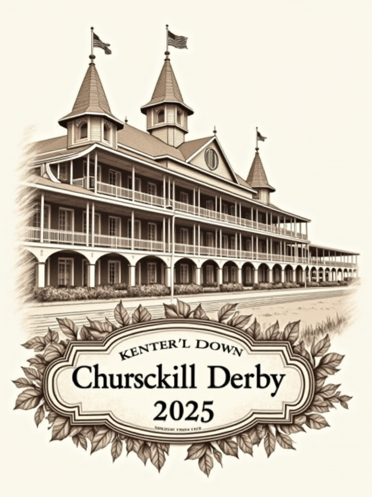 A detailed architectural sketch of Churchill Downs, perhaps from a slightly low angle to emphasize its grandeur, rendered in a duotone or sepia effect. 'Kentucky Derby 2025' can be typeset like a historical plaque.
