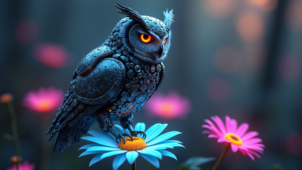 A detailed illustration of a mechanical owl, gears and cogs visible, with neon-lit flowers blooming from its metallic structure. This 'Kinetic Bloom Owl' could be perched on a glowing daisy, with circuitry patterns running along its body. The design can incorporate elements of steampunk and cyberpunk.