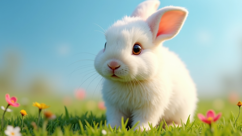 The image is a close-up of a white rabbit sitting on a bed of green grass. The rabbit is facing towards the right side of the image, with its ears perked up and its eyes looking directly at the camera. The background is blurred, but it appears to be a bright blue sky with a few pink and yellow flowers scattered around. The grass is lush and well-maintained, and the rabbit's fur is soft and fluffy. The image has a dreamy and peaceful feel to it.