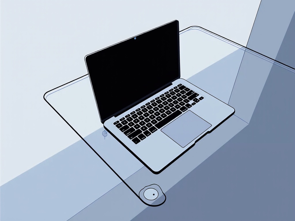 Top-down shot of a laptop with a flat design resting on a glass table. The touchpad is wide and smooth, encouraging intuitive gestures. A small webcam peeks out from the narrow bezel, emphasizing functionality without compromising on aesthetics.