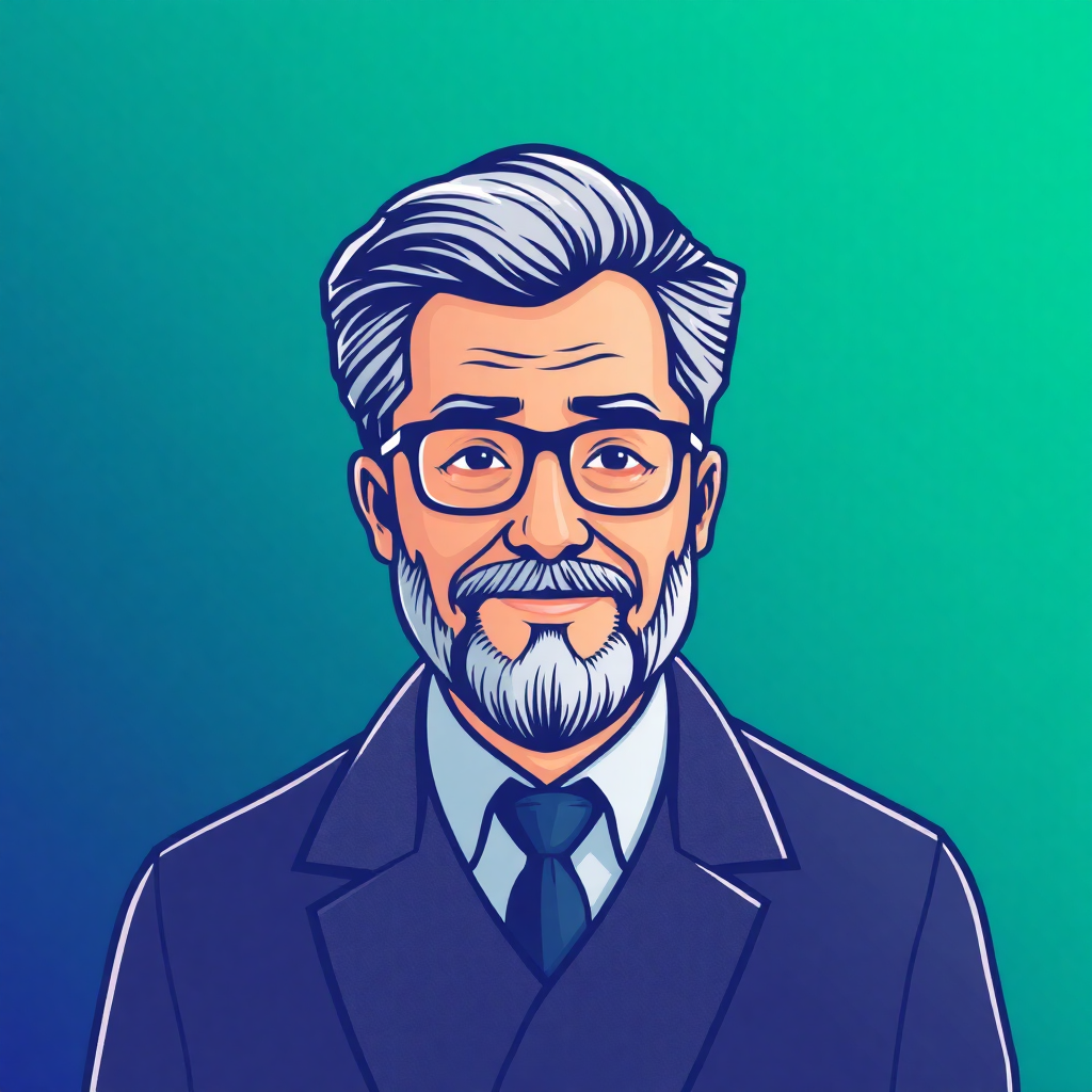 The image is a portrait of a middle-aged man with a beard and mustache. He is wearing a dark suit and tie, and has a pair of glasses on. The background is a solid turquoise color. The man has a serious expression on his face and is looking directly at the camera. He appears to be in his late 40s or early 50s. The illustration is done in a cartoon-like style, with bold lines and bright colors.