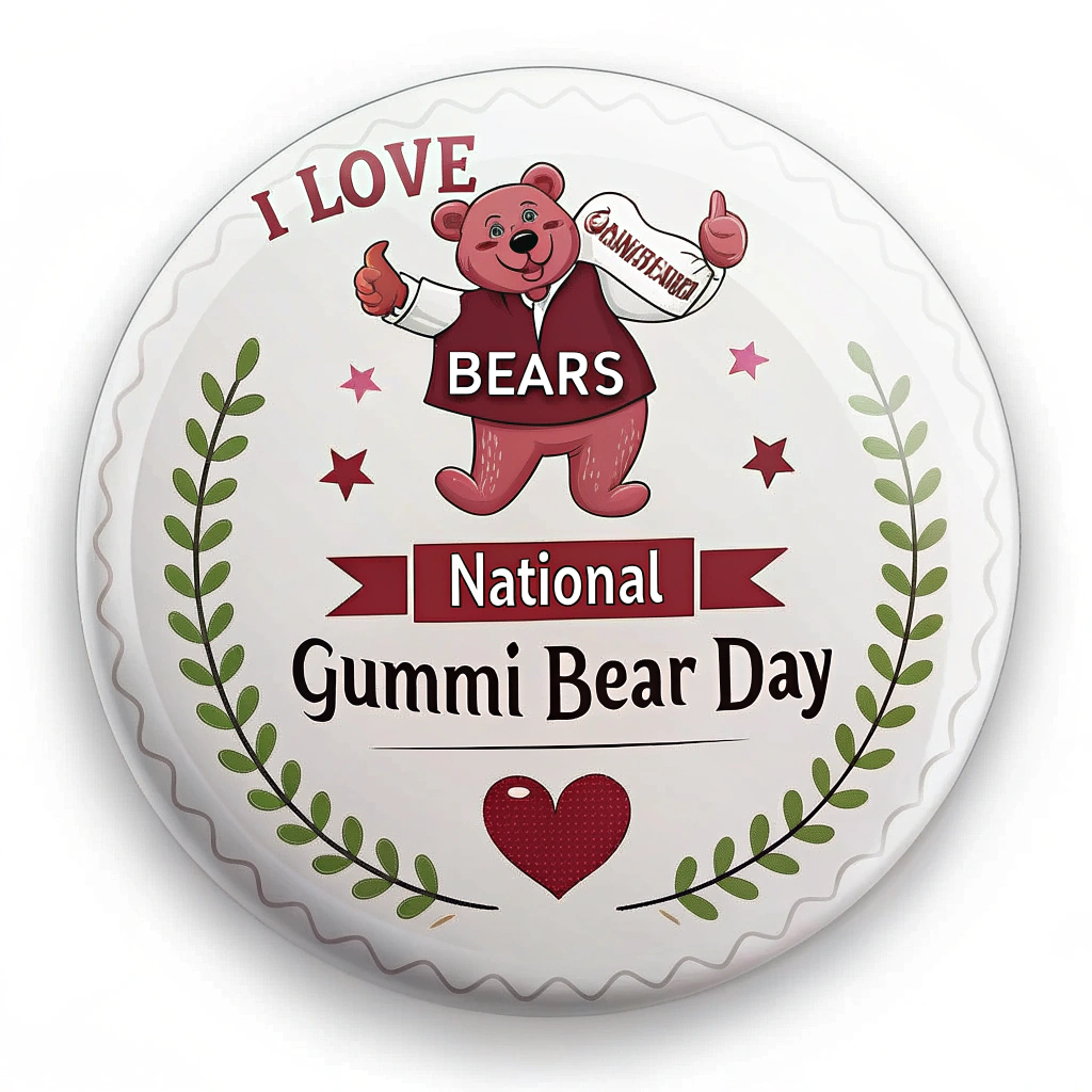 Celebratory Badge Sticker: A sticker designed like a commemorative badge or seal. It features a central gummi bear illustration (perhaps waving or giving a thumbs up), a symbolic heart element signifying the 'National Day Heart', and the texts 'I Love Gummi Bears' and 'National Gummi Bear Day' arranged in a classic, celebratory layout within the badge.